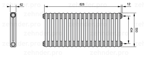 Схема (чертеж) Радиатор Zehnder Charleston 2050/18 №7610 Белый глянцевый RAL 9016